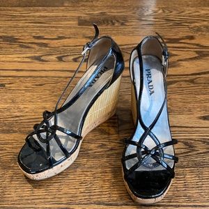 Prada Black Patent Wedge Heels with Platform